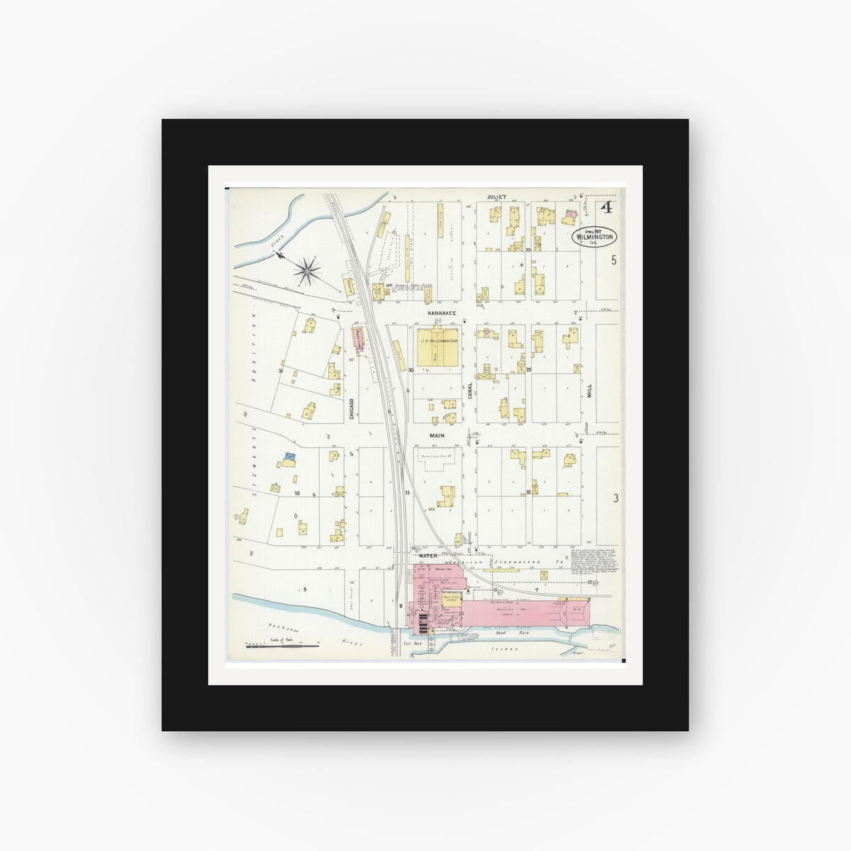 Old map wall art mockup — black gallery frame with white mat — Sanborn Fire Insurance Map from Wilmington, Will County, Illinois (1907), Sheet #0004