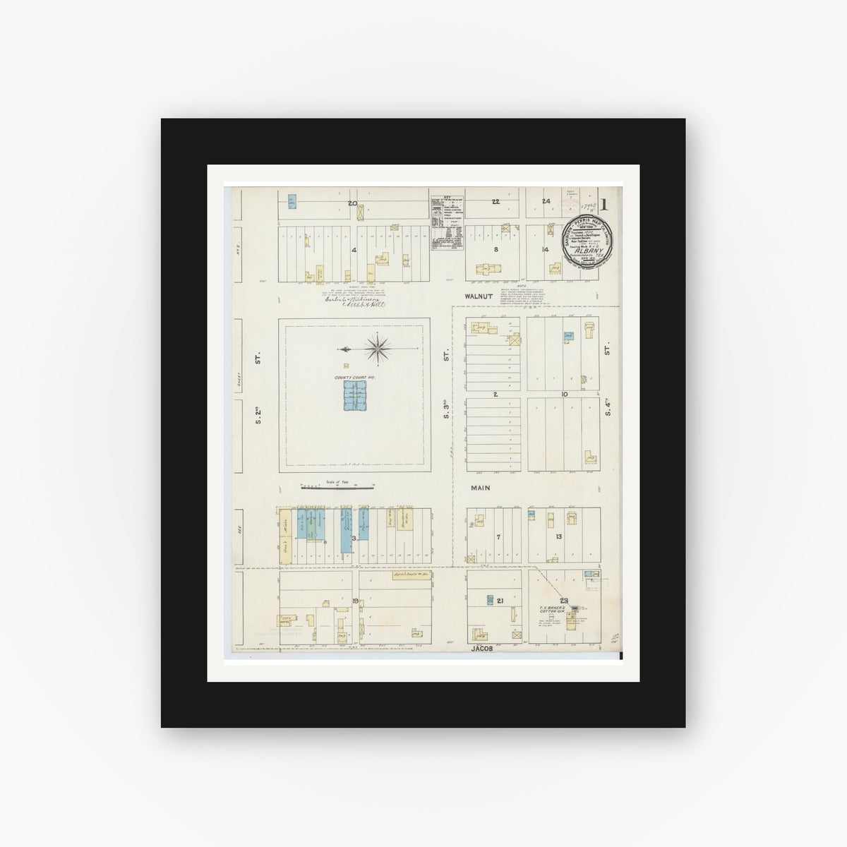 Old map wall art mockup — black gallery frame with white mat — Sanborn Fire Insurance Map from Albany, Shackelford County, Texas (1891) - Complete Map Set