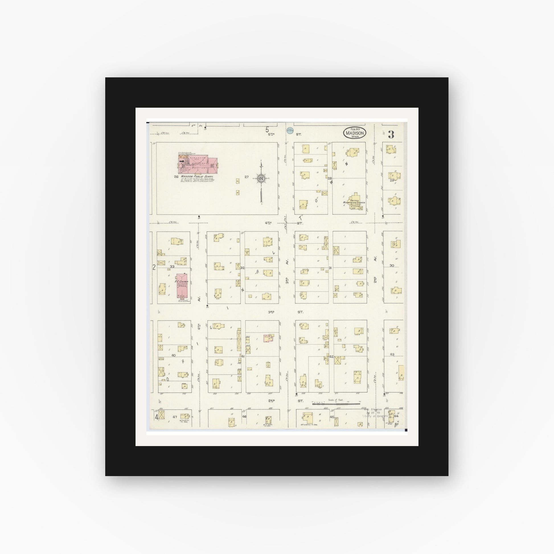 Old map wall art mockup — black gallery frame with white mat — Sanborn Fire Insurance Map from Madison, Lac Qui Parle County, Minnesota (1913), Sheet #0003