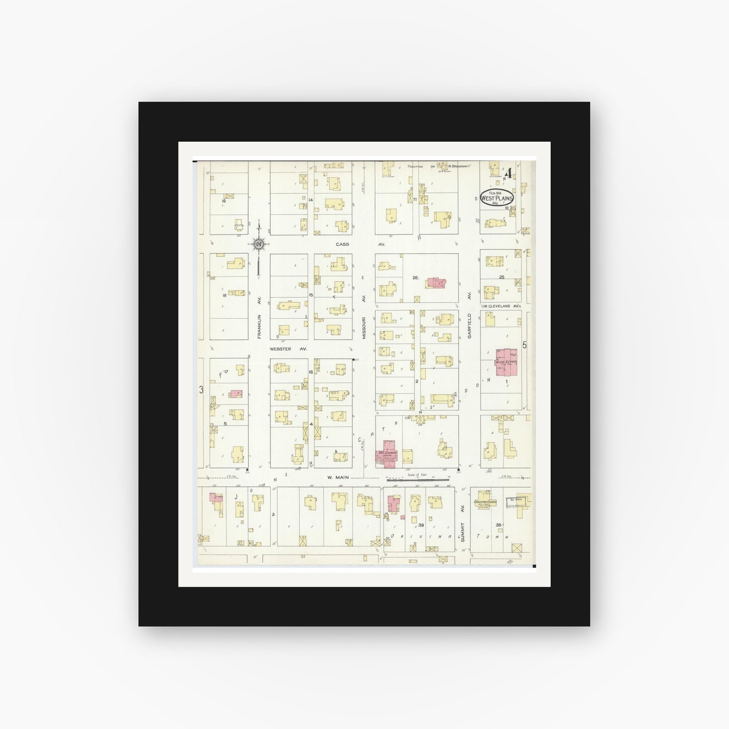Old map wall art mockup — black gallery frame with white mat — Sanborn Fire Insurance Map from West Plains, Howell County, Missouri (1914), Sheet #0004