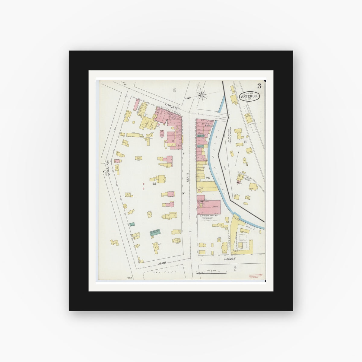 Old map wall art mockup — black gallery frame with white mat — Sanborn Fire Insurance Map from Waterloo, Seneca County, New York (1893), Sheet #0003