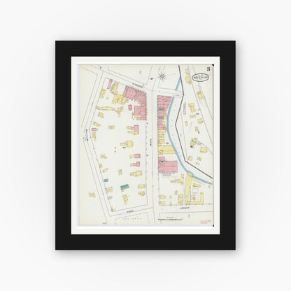 Old map wall art mockup — black gallery frame with white mat — Sanborn Fire Insurance Map from Waterloo, Seneca County, New York (1893), Sheet #0003