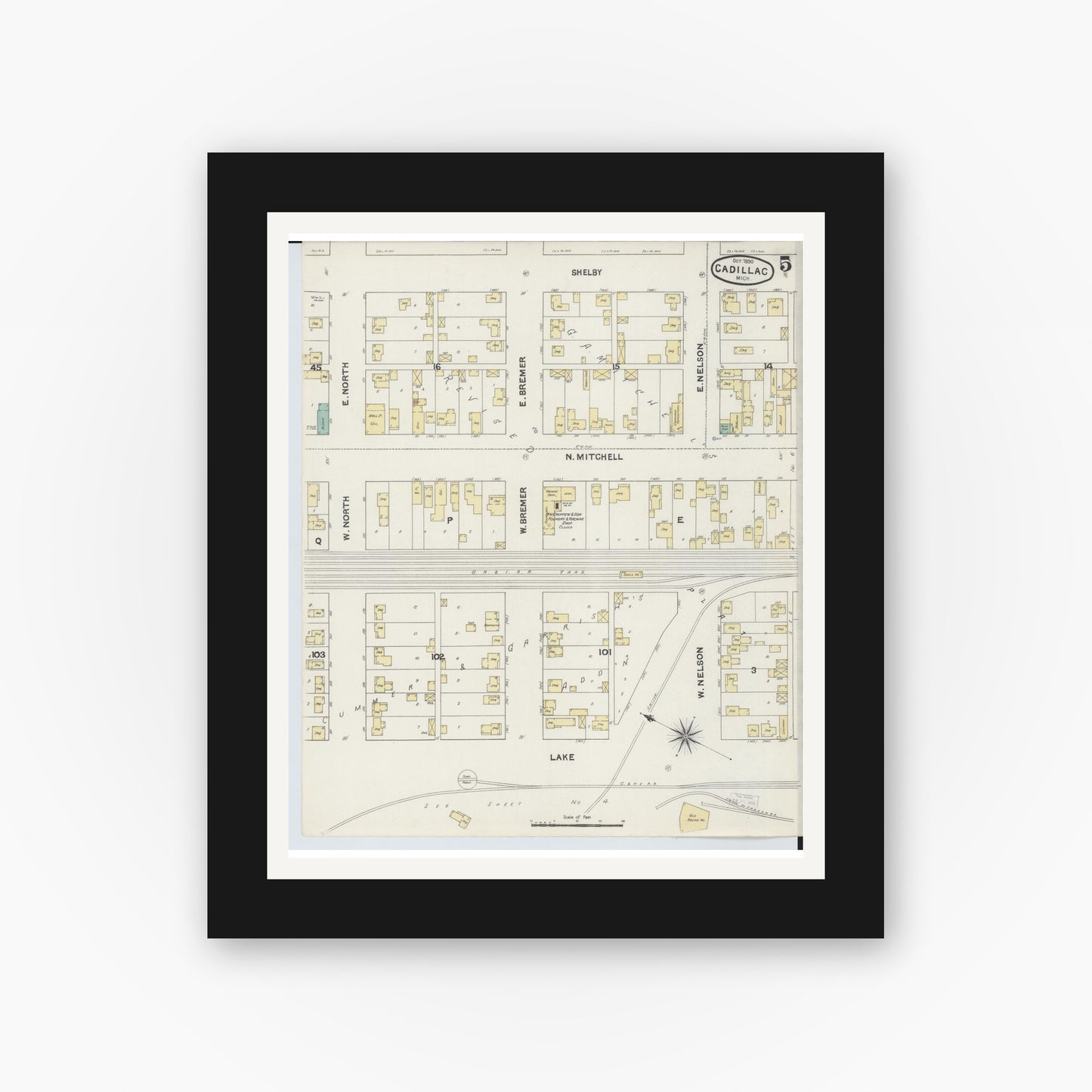 Old map wall art mockup — black gallery frame with white mat — Sanborn Fire Insurance Map from Cadillac, Wexford County, Michigan (1890), Sheet #0005
