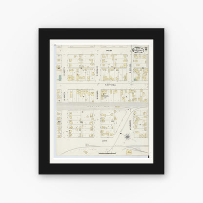Old map wall art mockup — black gallery frame with white mat — Sanborn Fire Insurance Map from Cadillac, Wexford County, Michigan (1890), Sheet #0005