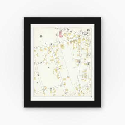 Old map wall art mockup — black gallery frame with white mat — Sanborn Fire Insurance Map from Webster, Worcester County, Massachusetts (1911), Sheet #0015