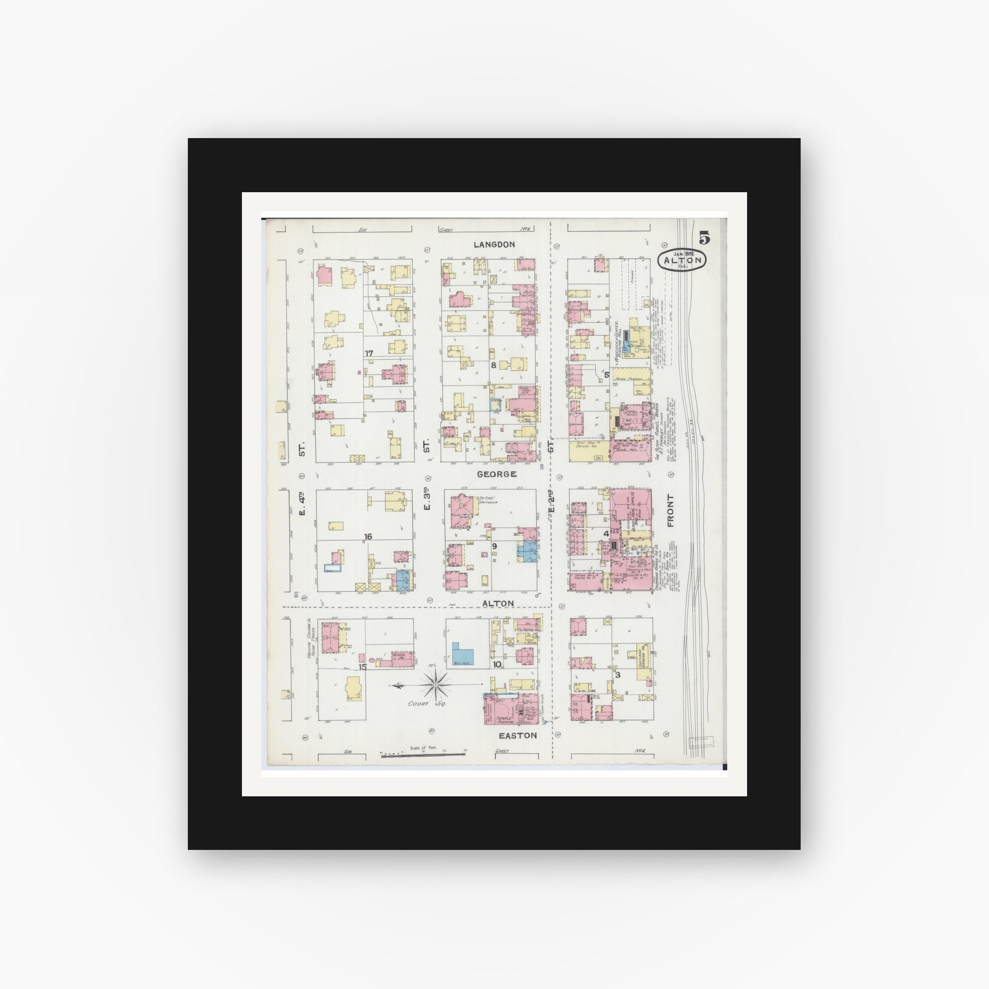 Old map wall art mockup — black gallery frame with white mat — Sanborn Fire Insurance Map from Alton, Madison County, Illinois (1892), Sheet #0005