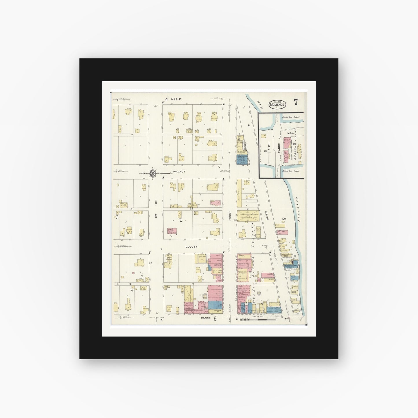 Old map wall art mockup — black gallery frame with white mat — Sanborn Fire Insurance Map from Momence, Kankakee County, Illinois (1913), Sheet #0007
