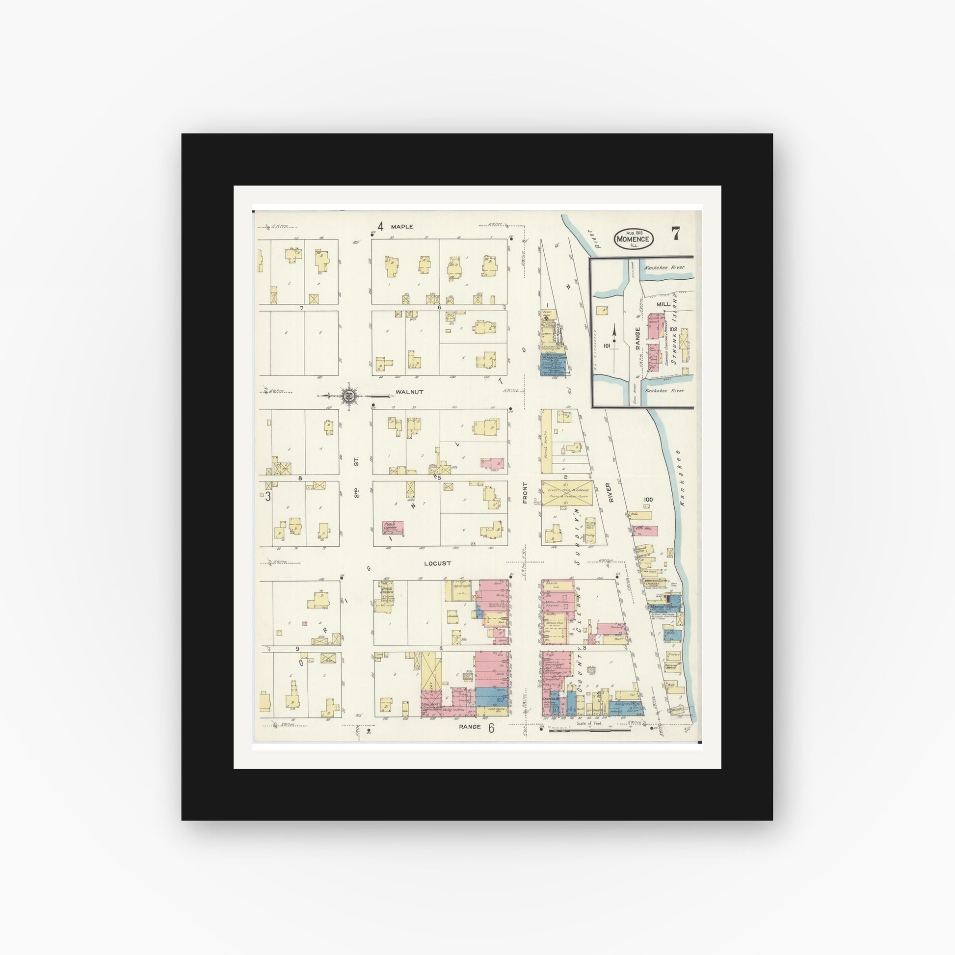 Old map wall art mockup — black gallery frame with white mat — Sanborn Fire Insurance Map from Momence, Kankakee County, Illinois (1913), Sheet #0007