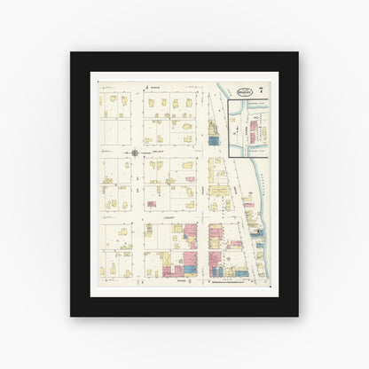 Old map wall art mockup — black gallery frame with white mat — Sanborn Fire Insurance Map from Momence, Kankakee County, Illinois (1913), Sheet #0007