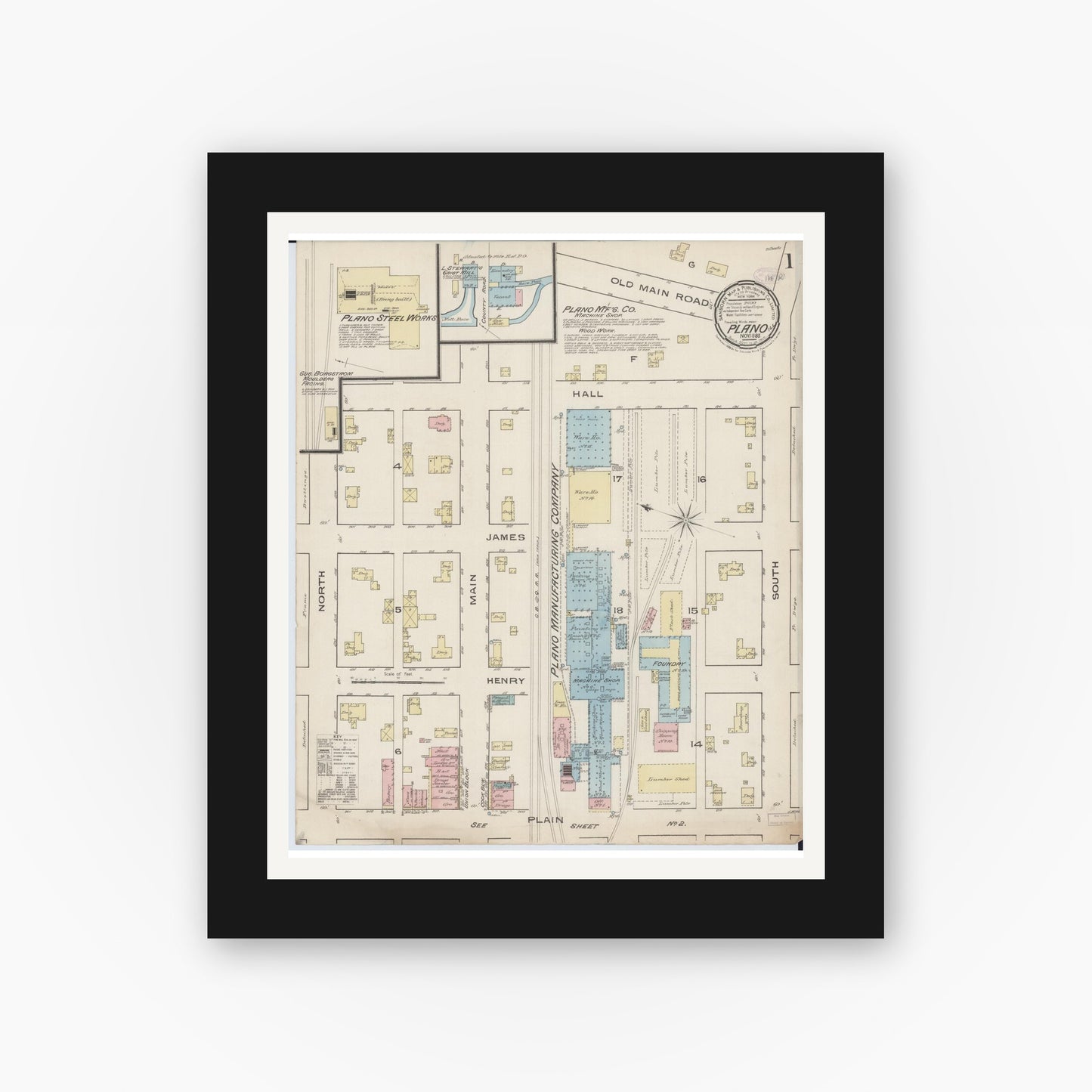 Old map wall art mockup — black gallery frame with white mat — Sanborn Fire Insurance Map from Plano, Kendall County, Illinois (1885) - Complete Map Set