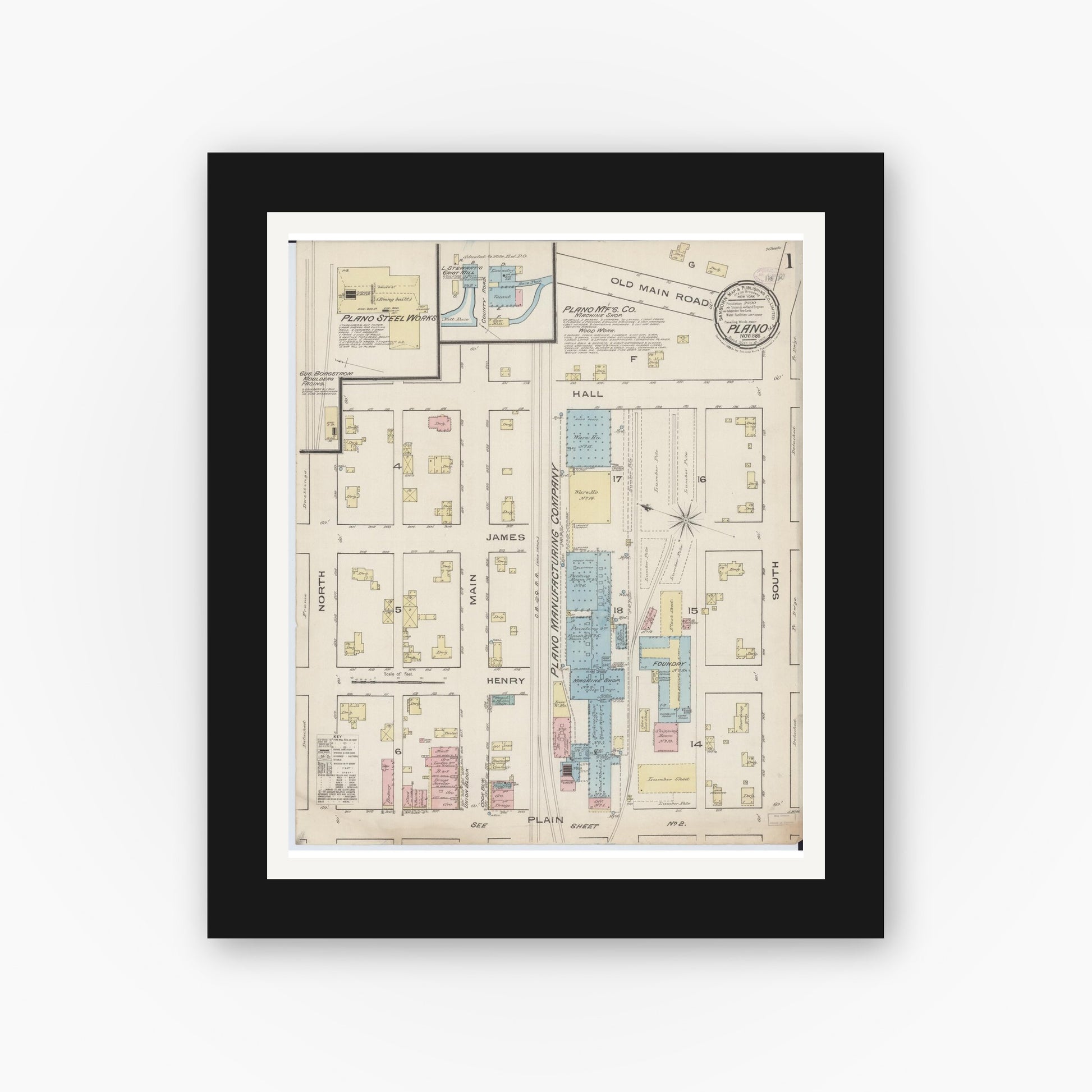 Old map wall art mockup — black gallery frame with white mat — Sanborn Fire Insurance Map from Plano, Kendall County, Illinois (1885) - Complete Map Set