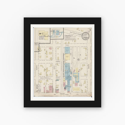 Old map wall art mockup — black gallery frame with white mat — Sanborn Fire Insurance Map from Plano, Kendall County, Illinois (1885) - Complete Map Set
