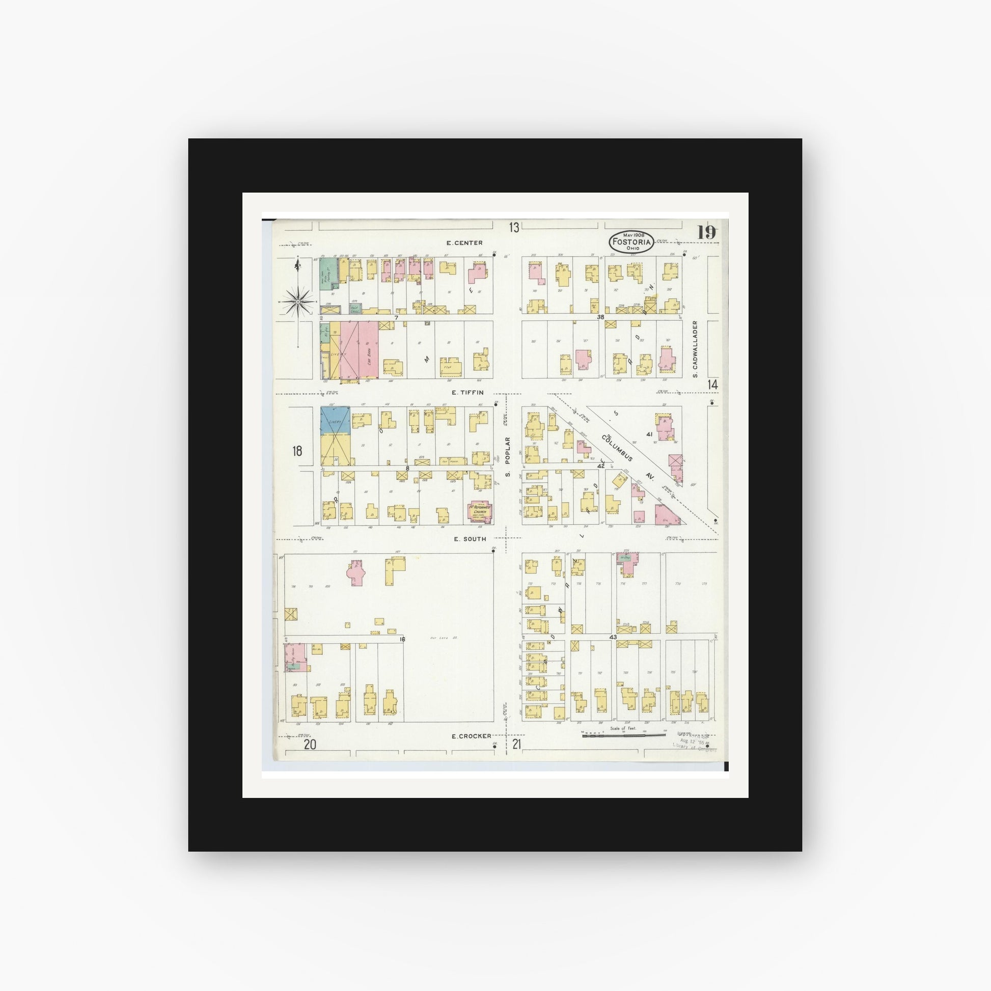 Old map wall art mockup — black gallery frame with white mat — Sanborn Fire Insurance Map from Fostoria, Seneca, Hancock, And Wood Counties, Ohio (1908), Sheet #0019