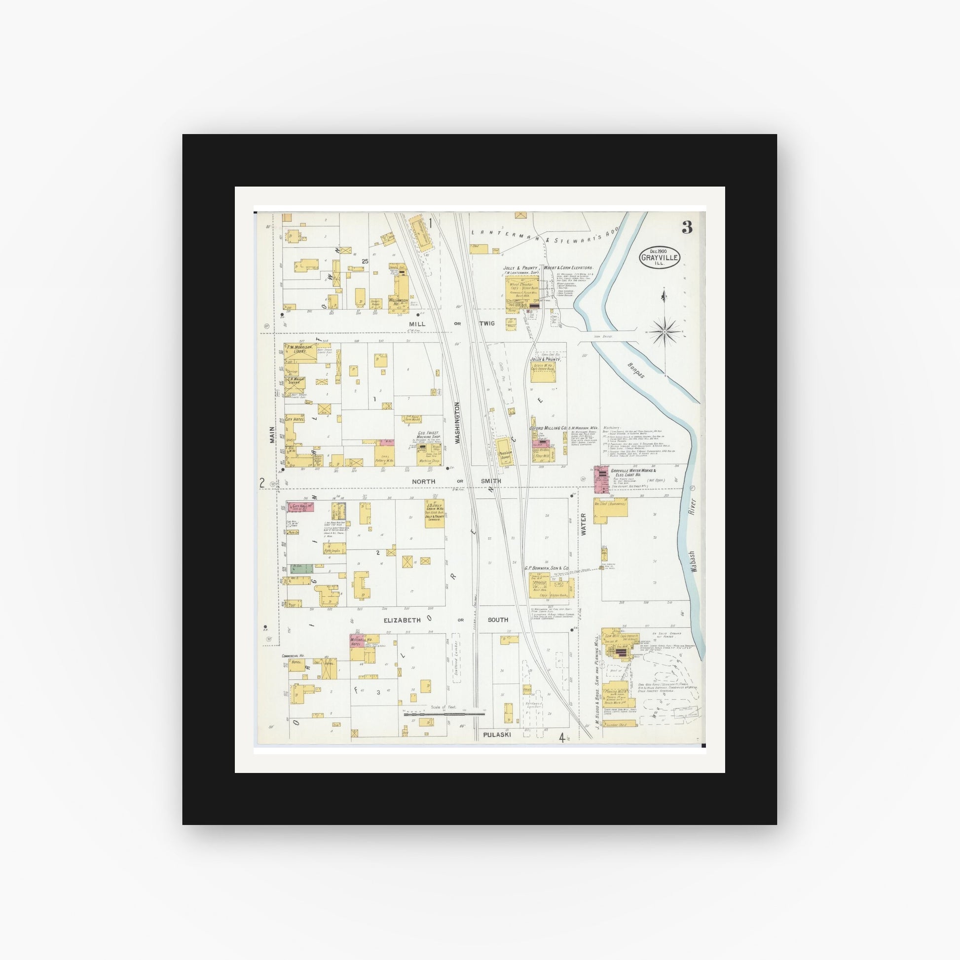 Old map wall art mockup — black gallery frame with white mat — Sanborn Fire Insurance Map from Grayville, White And Edwards Counties, Illinois (1900), Sheet #0003
