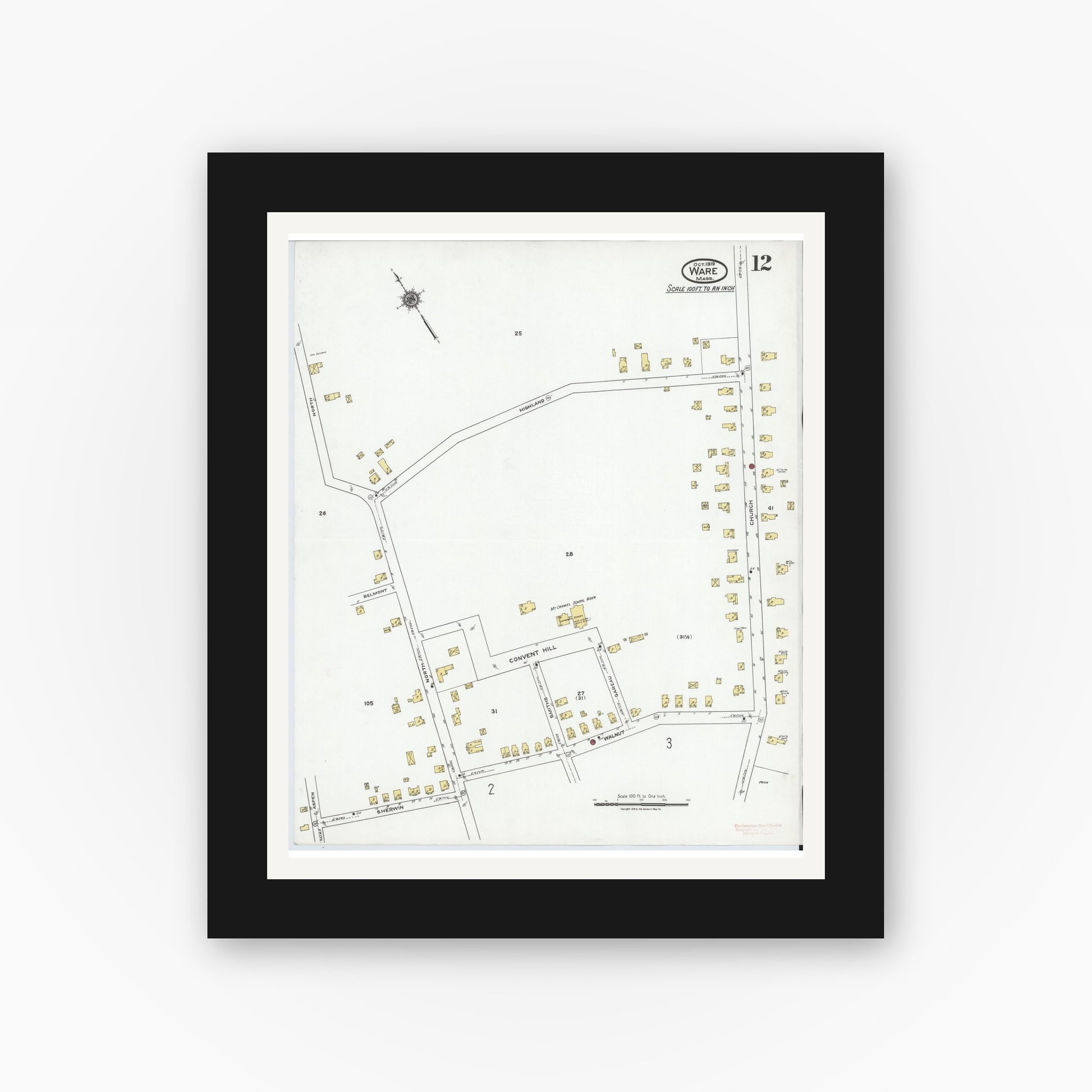 Old map wall art mockup — black gallery frame with white mat — Sanborn Fire Insurance Map from Ware, Hampshire County, Massachusetts (1919), Sheet #0012