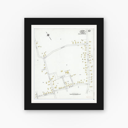 Old map wall art mockup — black gallery frame with white mat — Sanborn Fire Insurance Map from Ware, Hampshire County, Massachusetts (1919), Sheet #0012
