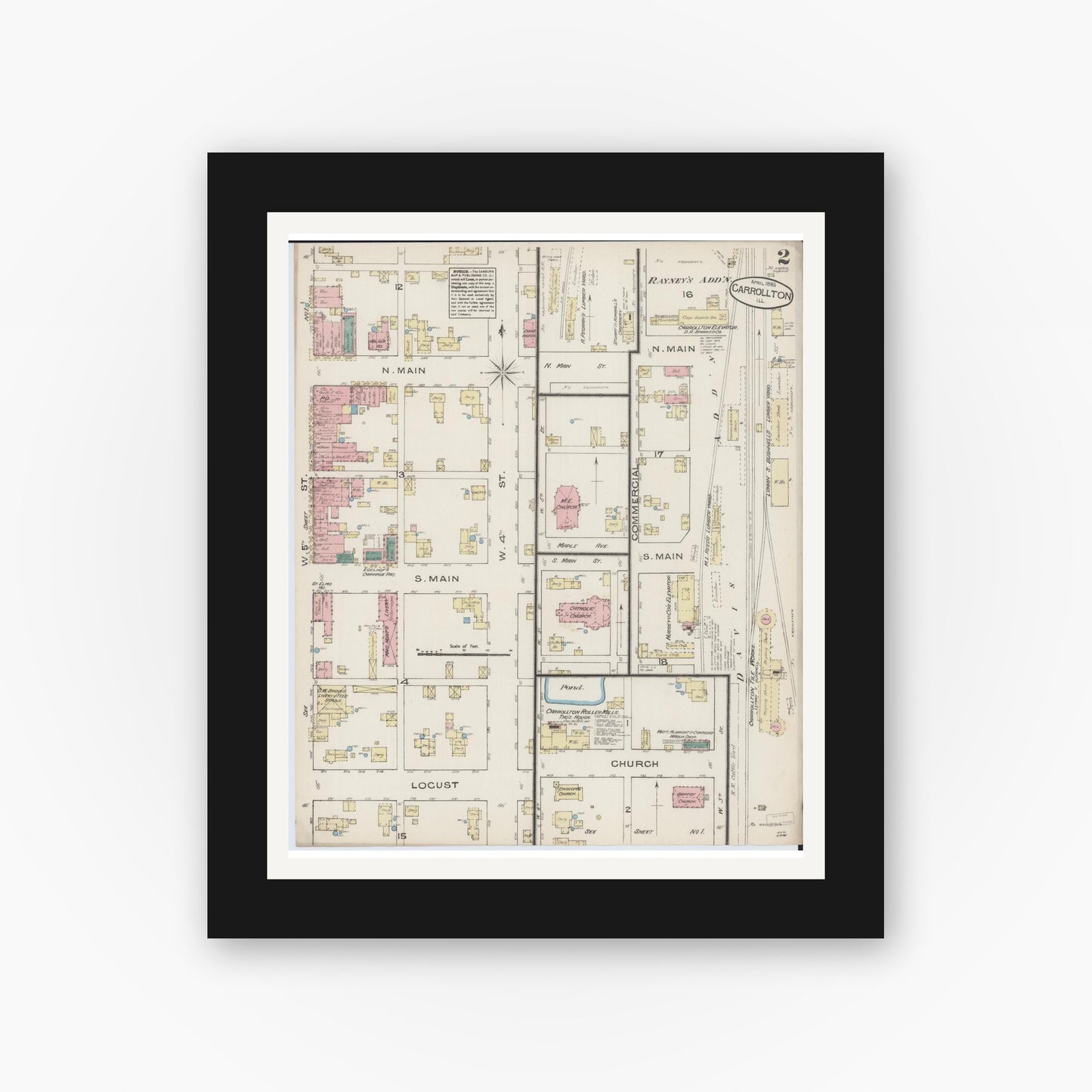 Old map wall art mockup — black gallery frame with white mat — Sanborn Fire Insurance Map from Carrollton, Greene County, Illinois (1885), Sheet #0002