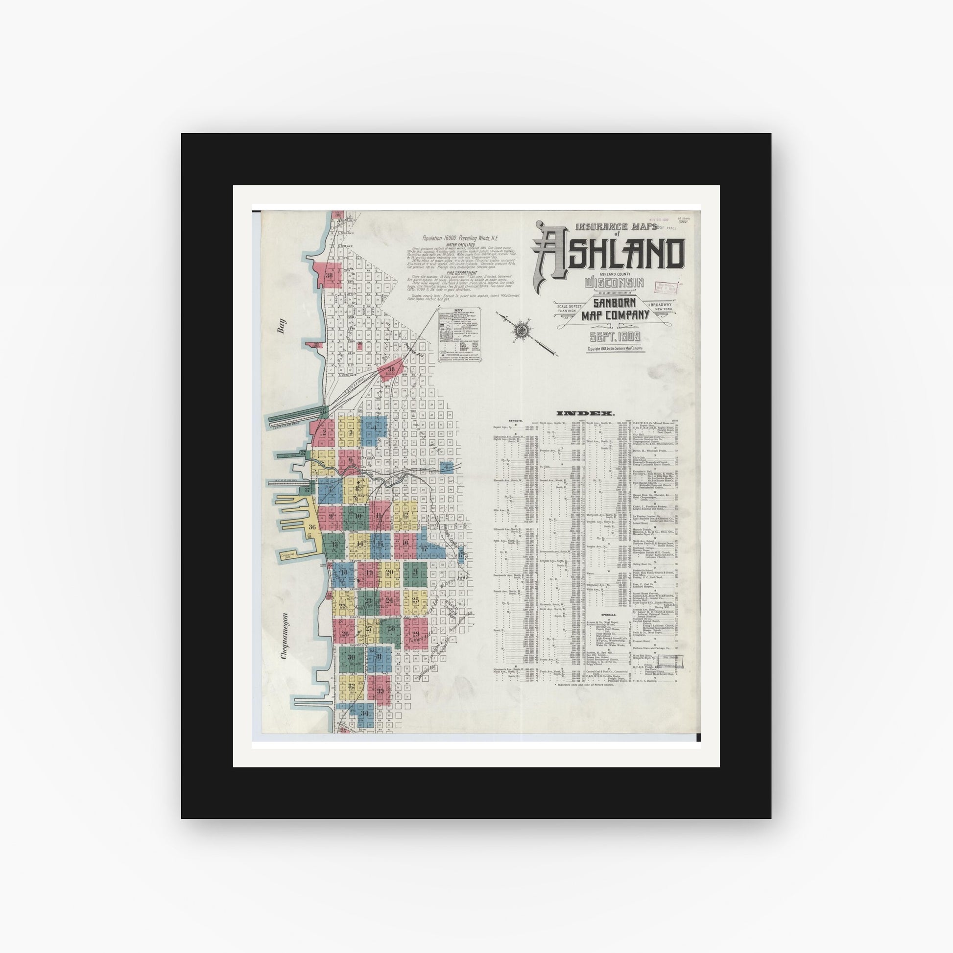 Old map wall art mockup — black gallery frame with white mat — Sanborn Fire Insurance Map from Ashland, Ashland County, Wisconsin (1909), Sheet #0001