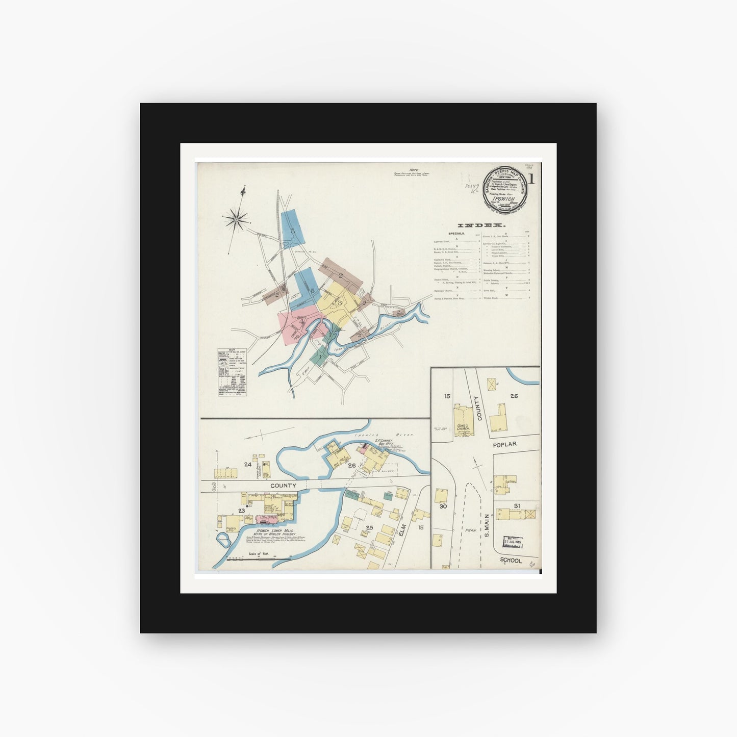 Old map wall art mockup — black gallery frame with white mat — Sanborn Fire Insurance Map from Ipswich, Essex County, Massachusetts (1892) - Complete Map Set