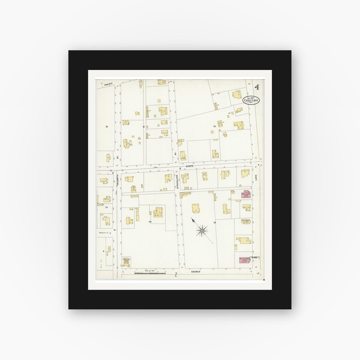 Old map wall art mockup — black gallery frame with white mat — Sanborn Fire Insurance Map from Eagle Lake, Colorado County, Texas (1907), Sheet #0004