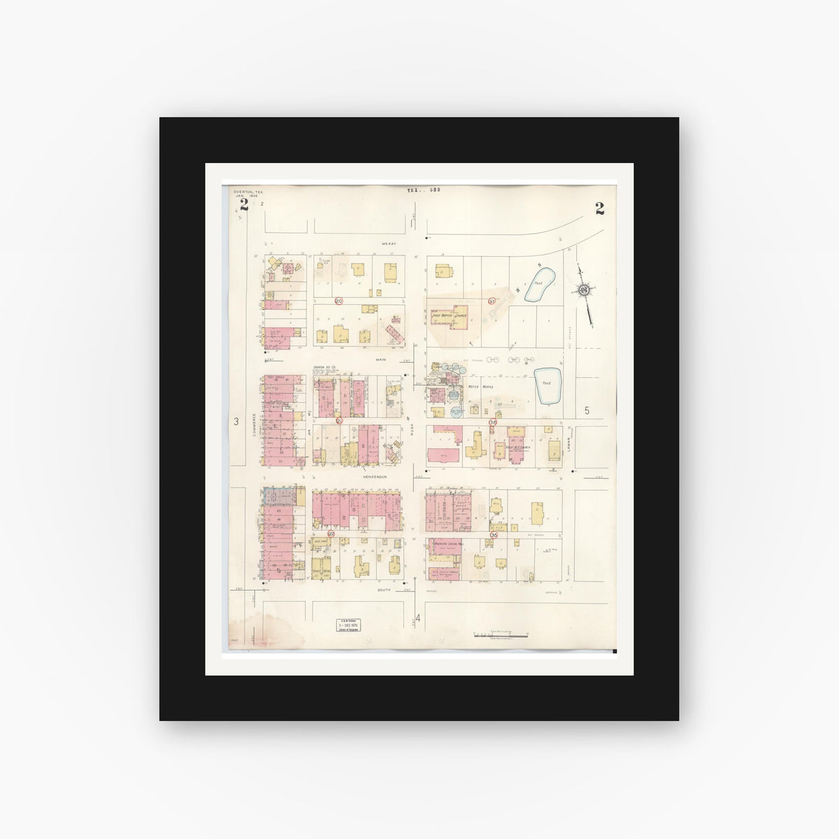 Old map wall art mockup — black gallery frame with white mat — Sanborn Fire Insurance Map from Overton, Rusk County, Texas (1939), Sheet #0002