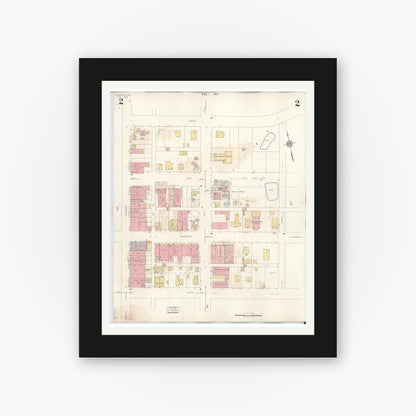 Old map wall art mockup — black gallery frame with white mat — Sanborn Fire Insurance Map from Overton, Rusk County, Texas (1939), Sheet #0002