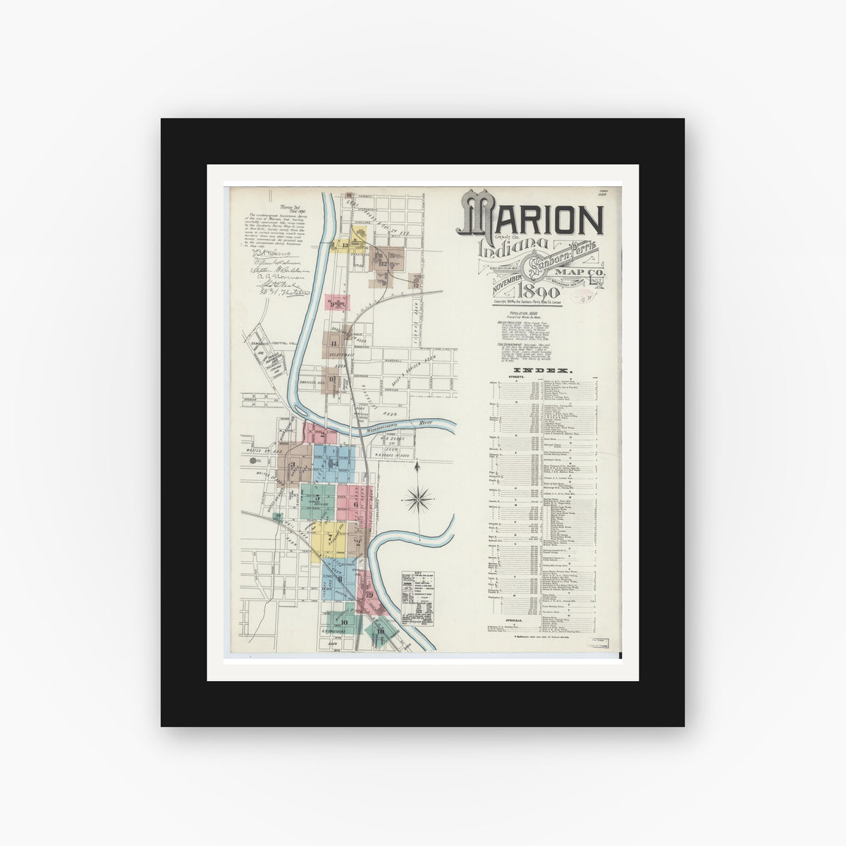 Old map wall art mockup — black gallery frame with white mat — Sanborn Fire Insurance Map from Marion, Grant County, Indiana (1890), Sheet #0001