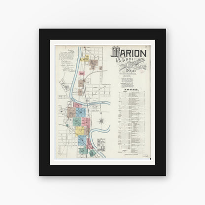 Old map wall art mockup — black gallery frame with white mat — Sanborn Fire Insurance Map from Marion, Grant County, Indiana (1890), Sheet #0001