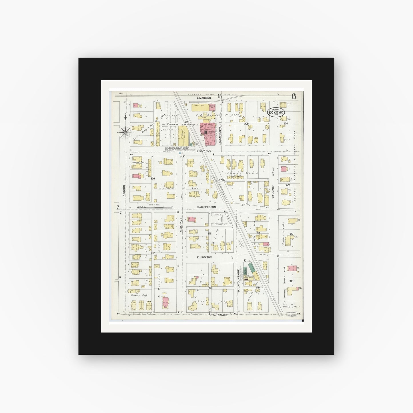 Old map wall art mockup — black gallery frame with white mat — Sanborn Fire Insurance Map from Kokomo, Howard County, Indiana (1902), Sheet #0006