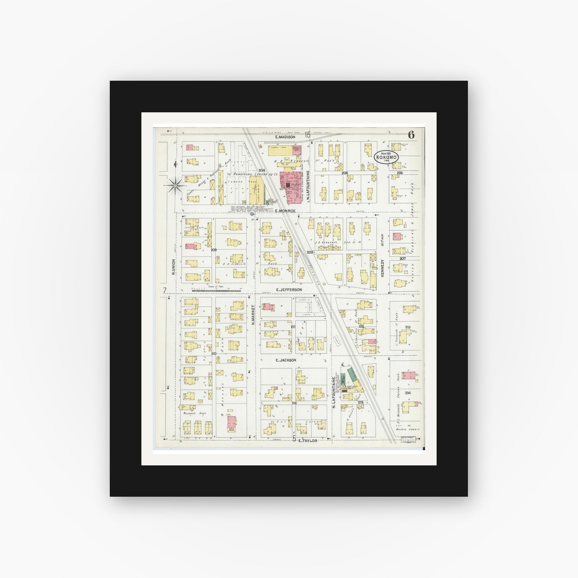 Old map wall art mockup — black gallery frame with white mat — Sanborn Fire Insurance Map from Kokomo, Howard County, Indiana (1902), Sheet #0006