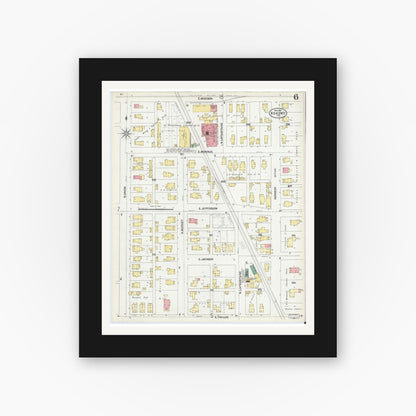 Old map wall art mockup — black gallery frame with white mat — Sanborn Fire Insurance Map from Kokomo, Howard County, Indiana (1902), Sheet #0006
