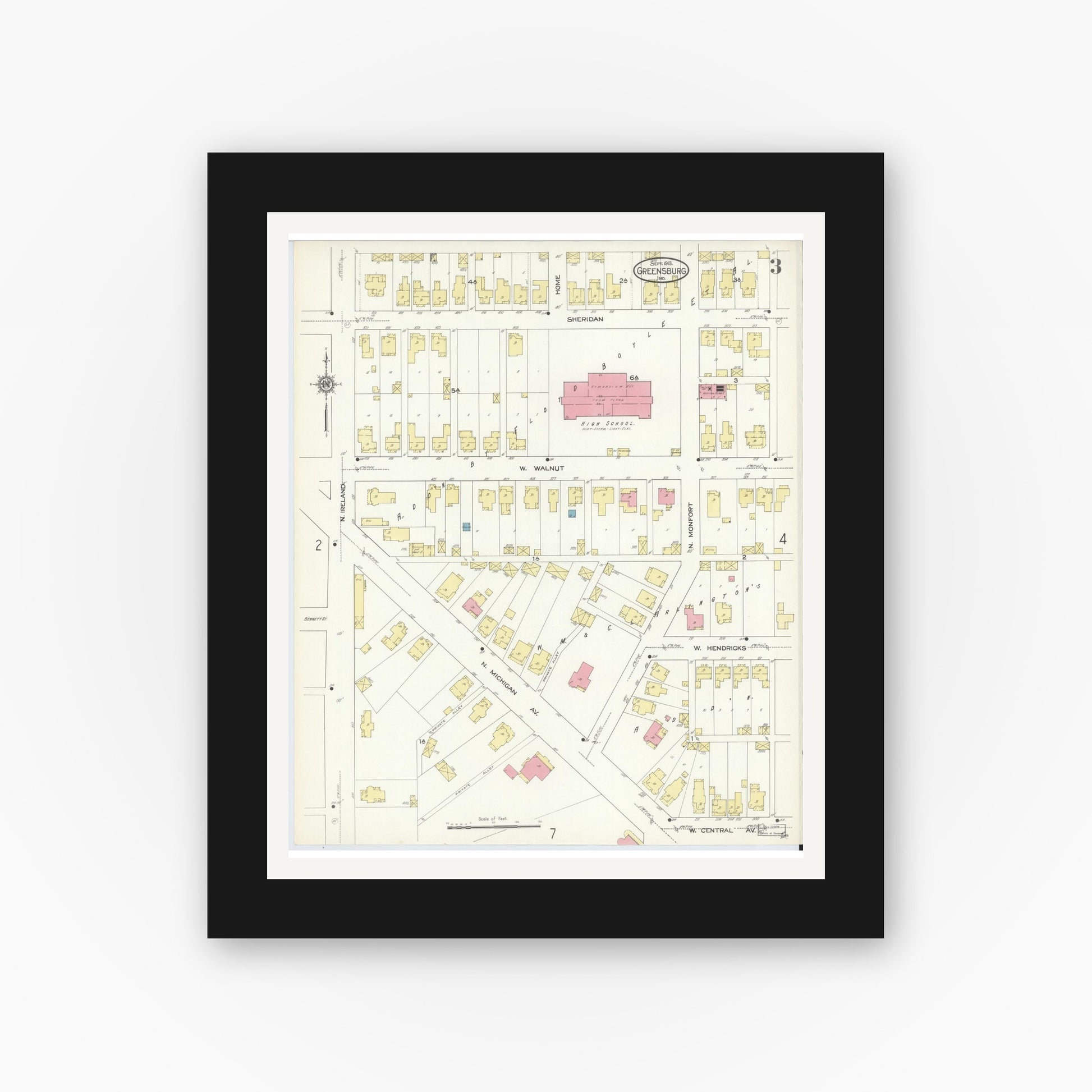 Old map wall art mockup — black gallery frame with white mat — Sanborn Fire Insurance Map from Greensburg, Decatur County, Indiana (1913), Sheet #0003