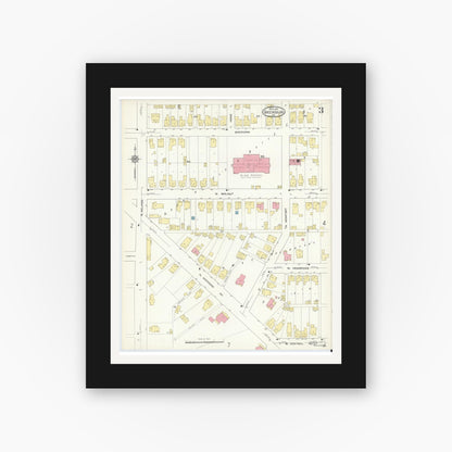 Old map wall art mockup — black gallery frame with white mat — Sanborn Fire Insurance Map from Greensburg, Decatur County, Indiana (1913), Sheet #0003
