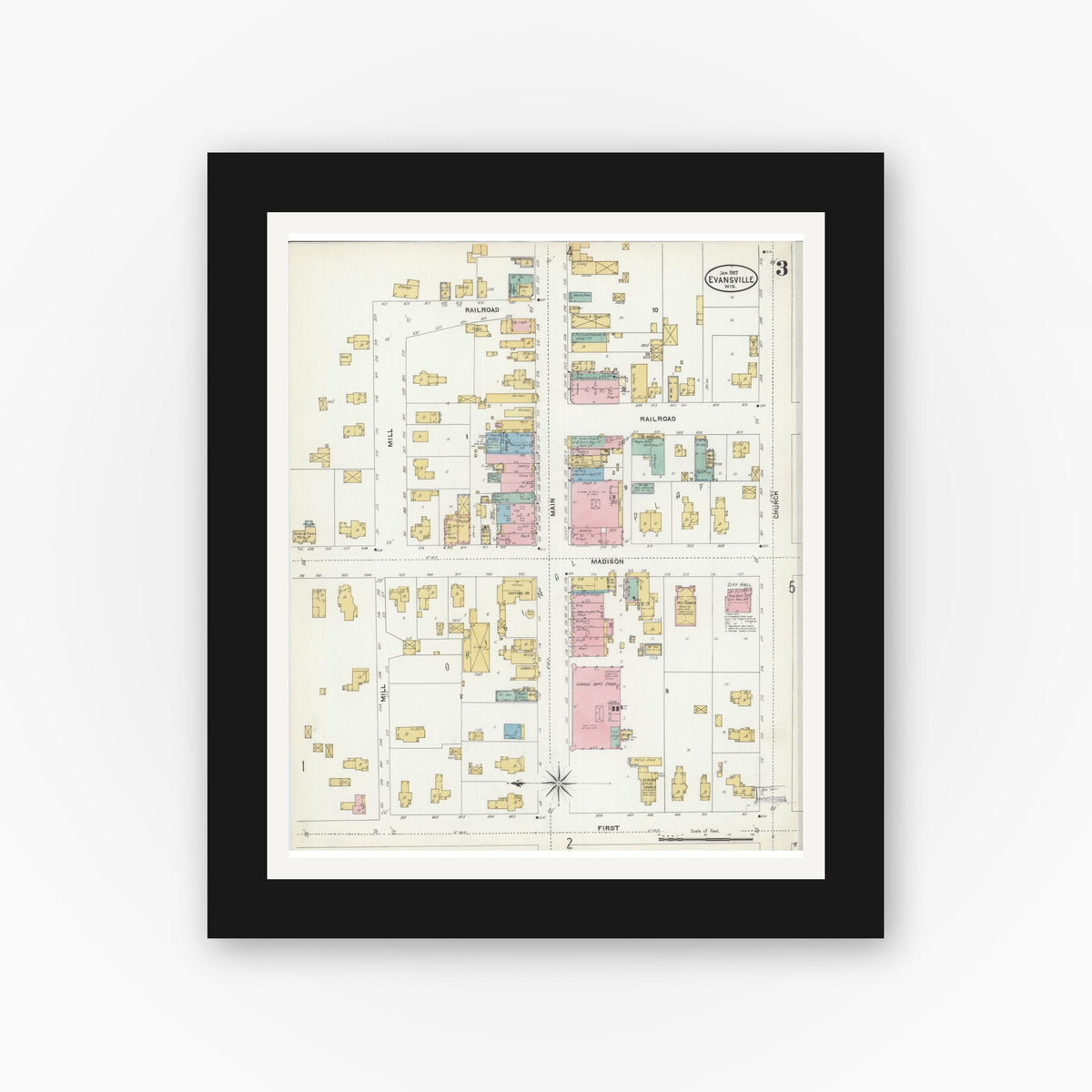 Old map wall art mockup — black gallery frame with white mat — Sanborn Fire Insurance Map from Evansville, Rock County, Wisconsin (1907), Sheet #0003