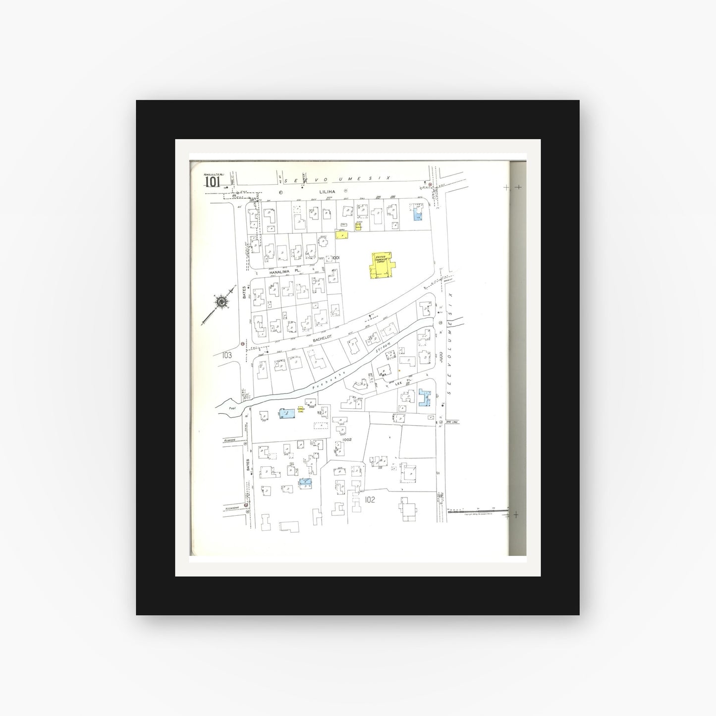 Old map wall art mockup — black gallery frame with white mat — Sanborn Fire Insurance Map from Honolulu, Oahu County, Hawaii (1955) — Complete Set