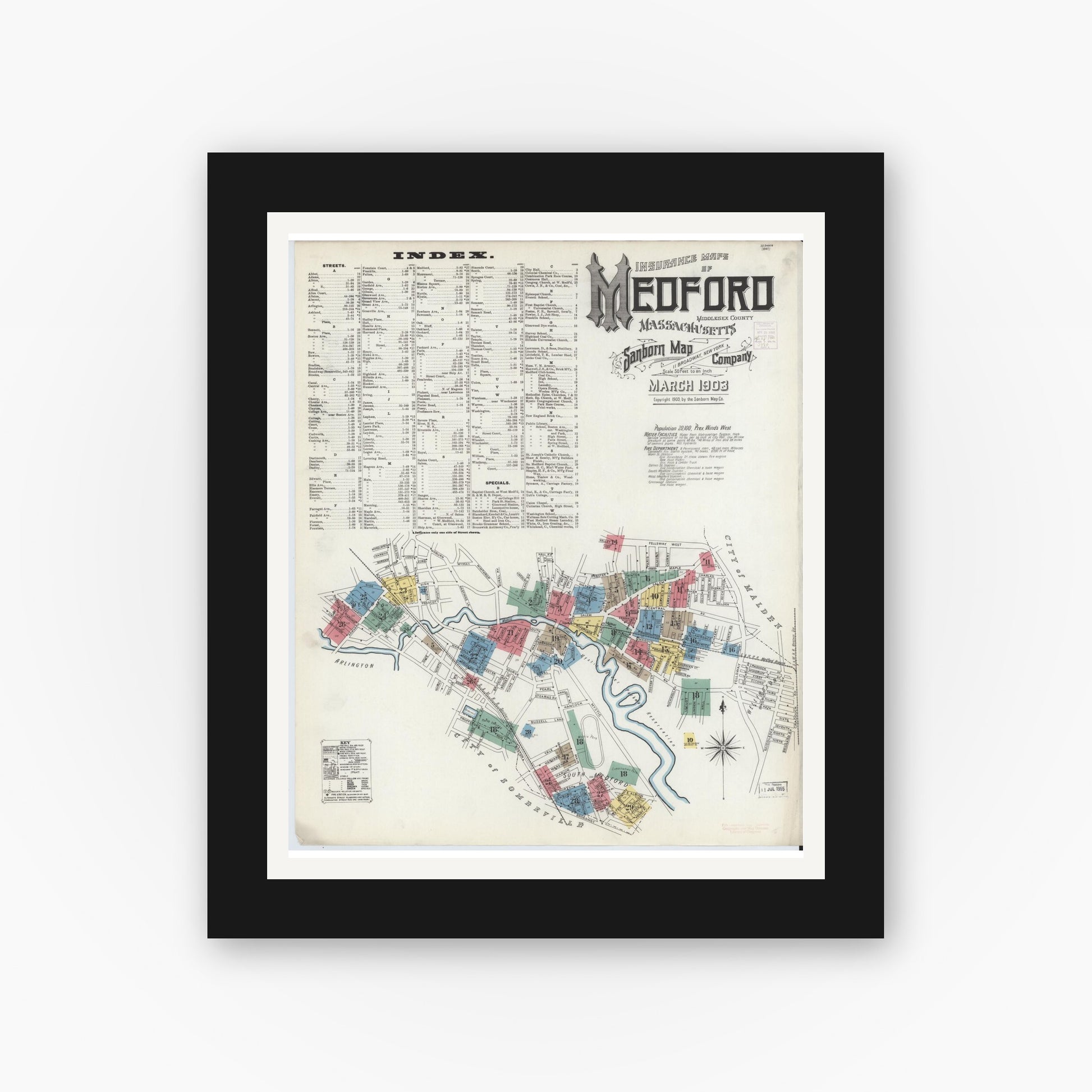 Old map wall art mockup — black gallery frame with white mat — Sanborn Fire Insurance Map from Medford, Middlesex County, Massachusetts (1903) - Complete Map Set