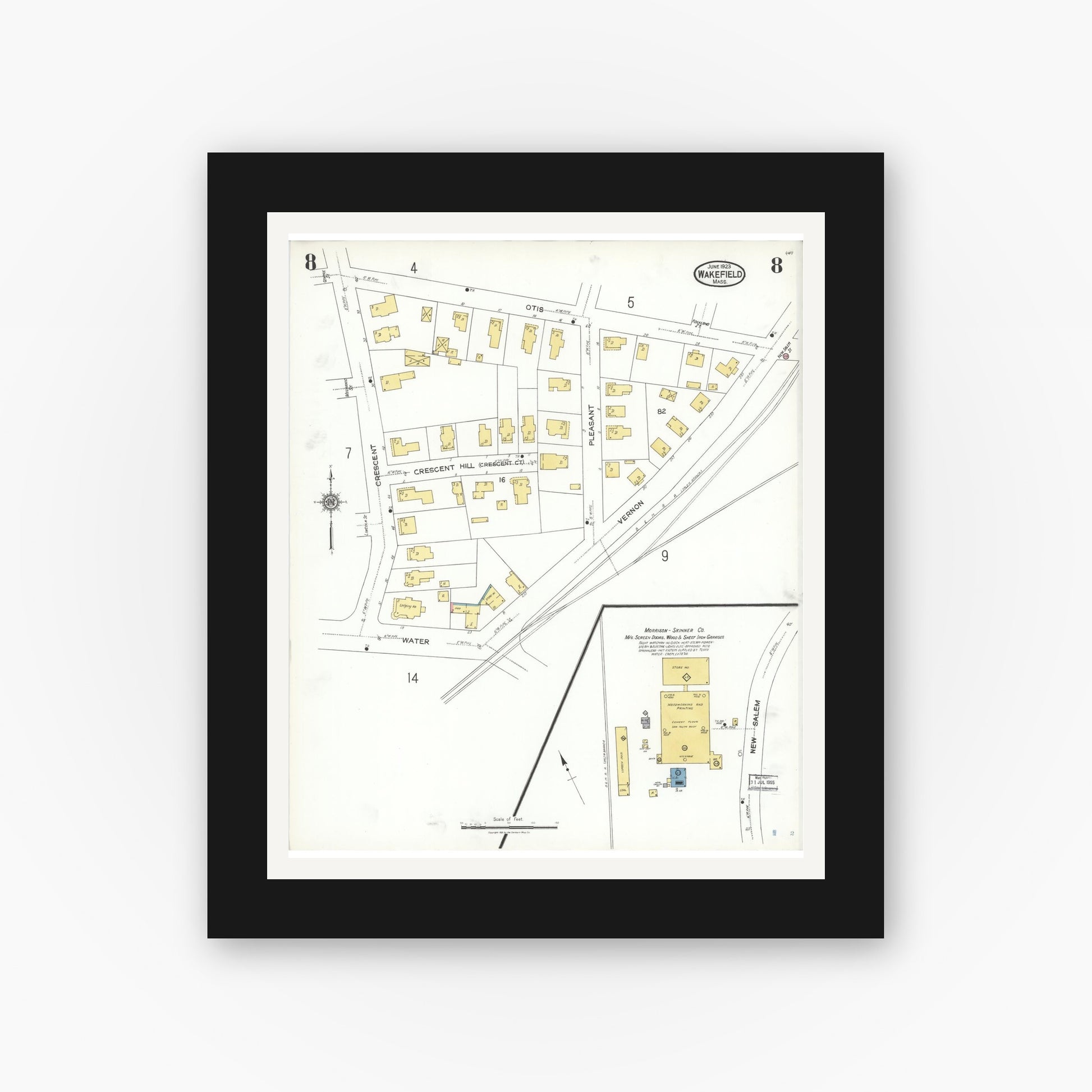 Old map wall art mockup — black gallery frame with white mat — Sanborn Fire Insurance Map from Wakefield, Middlesex County, Massachusetts (1923), Sheet #0008