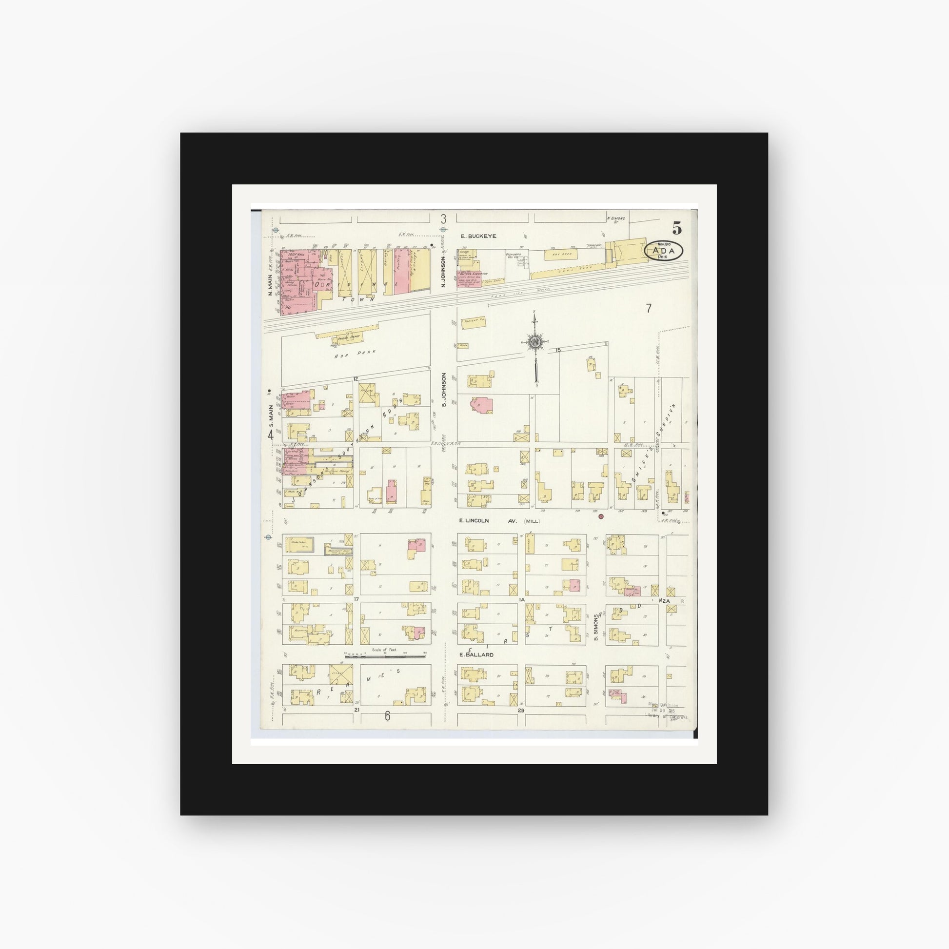 Old map wall art mockup — black gallery frame with white mat — Sanborn Fire Insurance Map from Ada, Hardin County, Ohio (1910), Sheet #0005