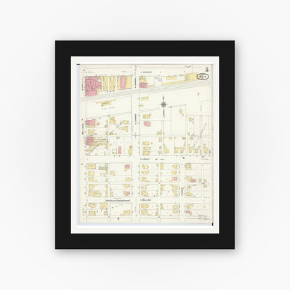 Old map wall art mockup — black gallery frame with white mat — Sanborn Fire Insurance Map from Ada, Hardin County, Ohio (1910), Sheet #0005