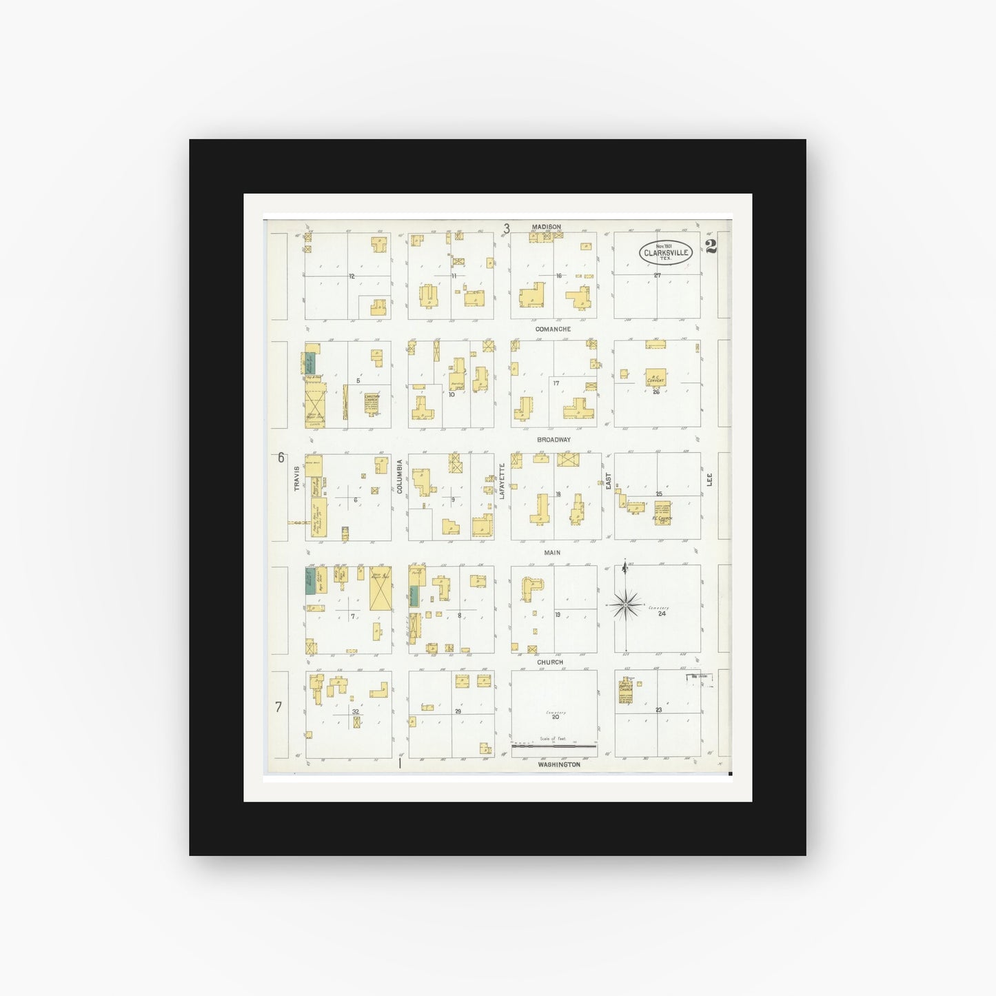 Old map wall art mockup — black gallery frame with white mat — Sanborn Fire Insurance Map from Clarksville, Red River County, Texas (1901), Sheet #0002