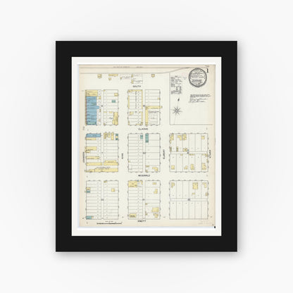 Old map wall art mockup — black gallery frame with white mat — Sanborn Fire Insurance Map from Quanah, Hardeman County, Texas (1892), Sheet #0001