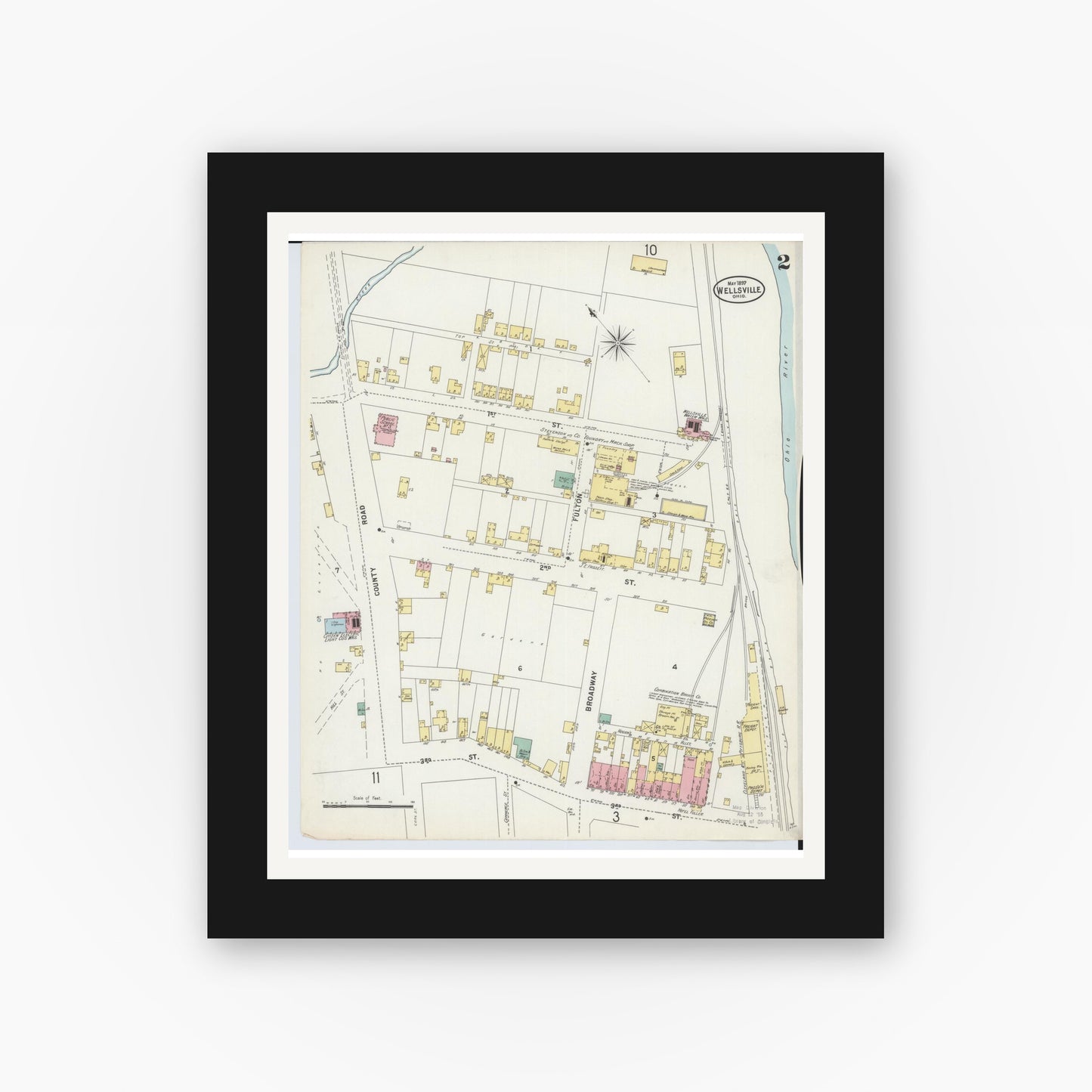 Old map wall art mockup — black gallery frame with white mat — Sanborn Fire Insurance Map from Wellsville, Columbiana County, Ohio (1897), Sheet #0002