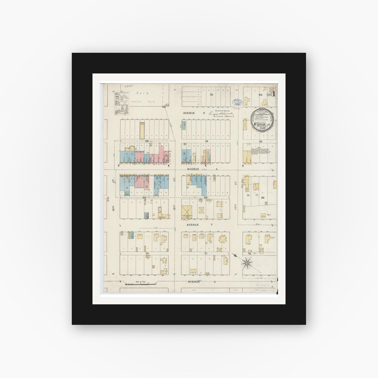 Old map wall art mockup — black gallery frame with white mat — Sanborn Fire Insurance Map from McGregor, McLennan County, Texas (1894), Sheet #0001
