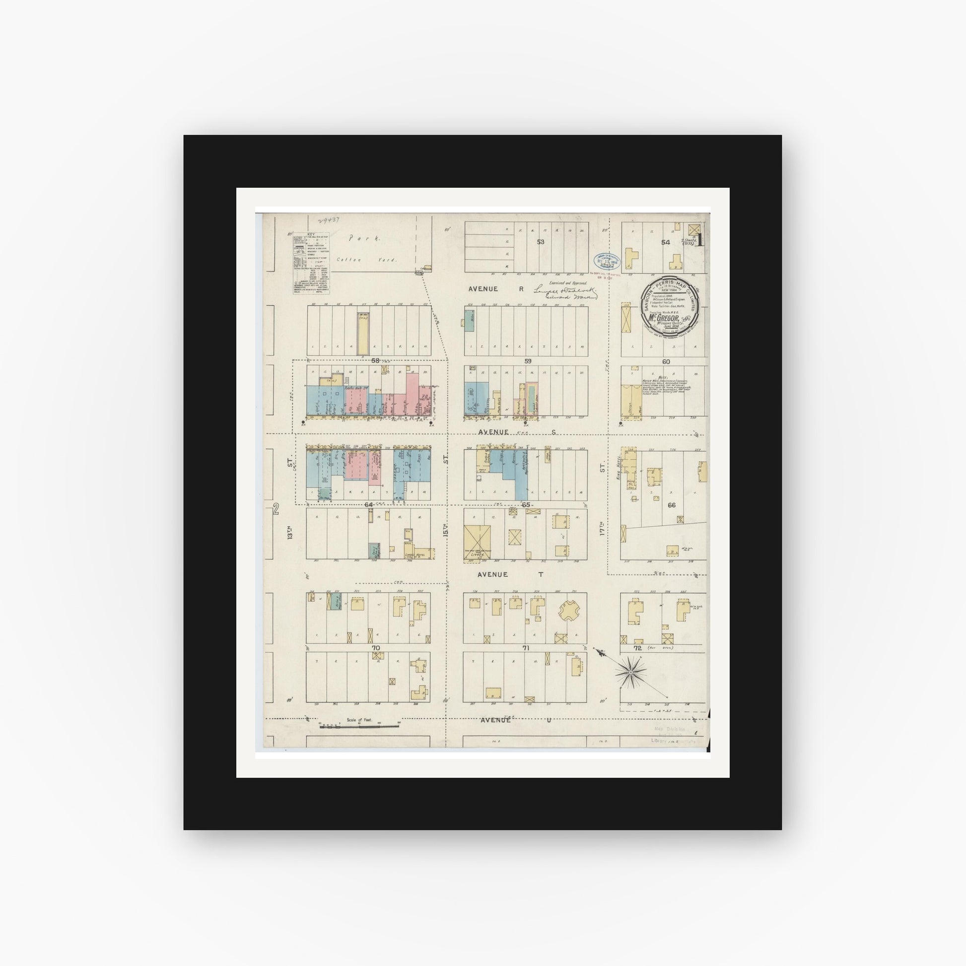 Old map wall art mockup — black gallery frame with white mat — Sanborn Fire Insurance Map from McGregor, McLennan County, Texas (1894), Sheet #0001