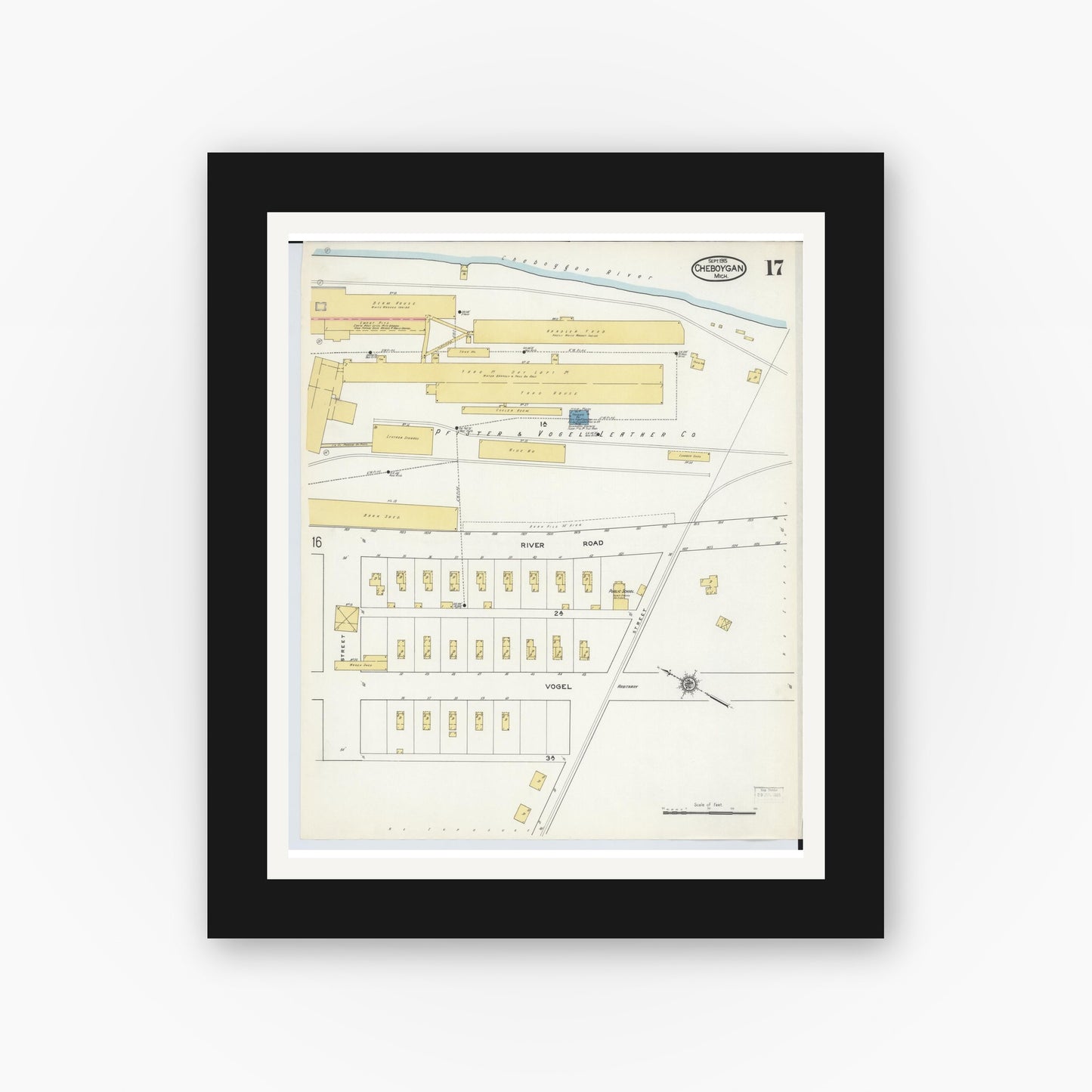 Old map wall art mockup — black gallery frame with white mat — Sanborn Fire Insurance Map from Cheboygan, Cheboygan County, Michigan (1915), Sheet #0017
