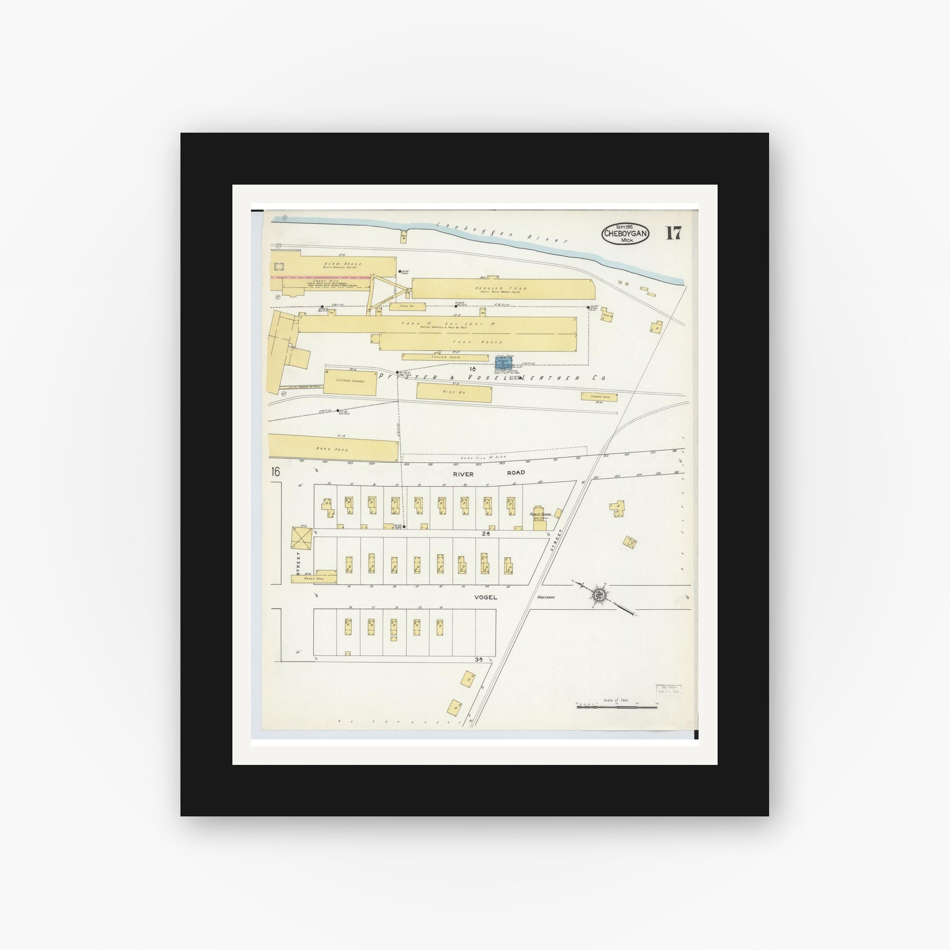 Old map wall art mockup — black gallery frame with white mat — Sanborn Fire Insurance Map from Cheboygan, Cheboygan County, Michigan (1915), Sheet #0017