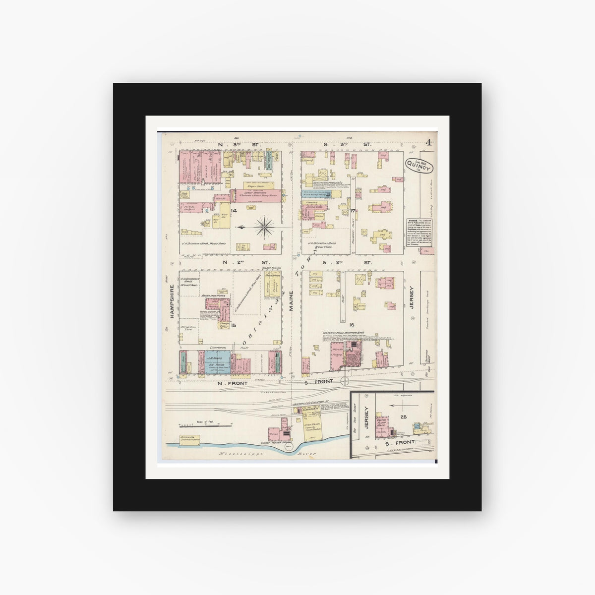 Old map wall art mockup — black gallery frame with white mat — Sanborn Fire Insurance Map from Quincy, Adams County, Illinois (1883), Sheet #0004