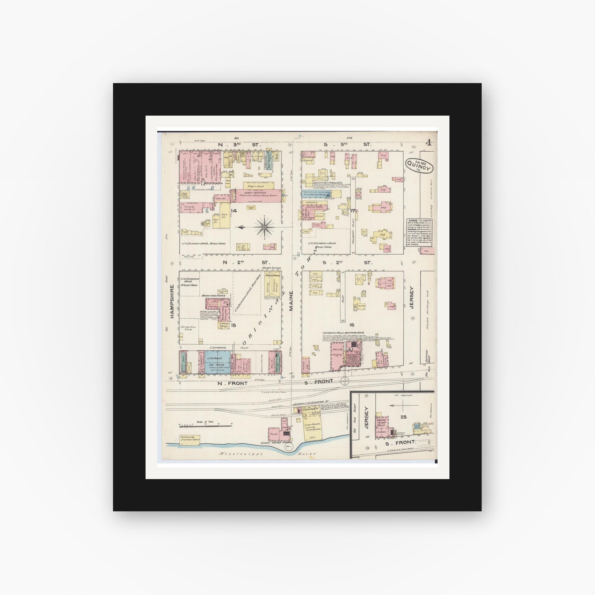 Old map wall art mockup — black gallery frame with white mat — Sanborn Fire Insurance Map from Quincy, Adams County, Illinois (1883), Sheet #0004