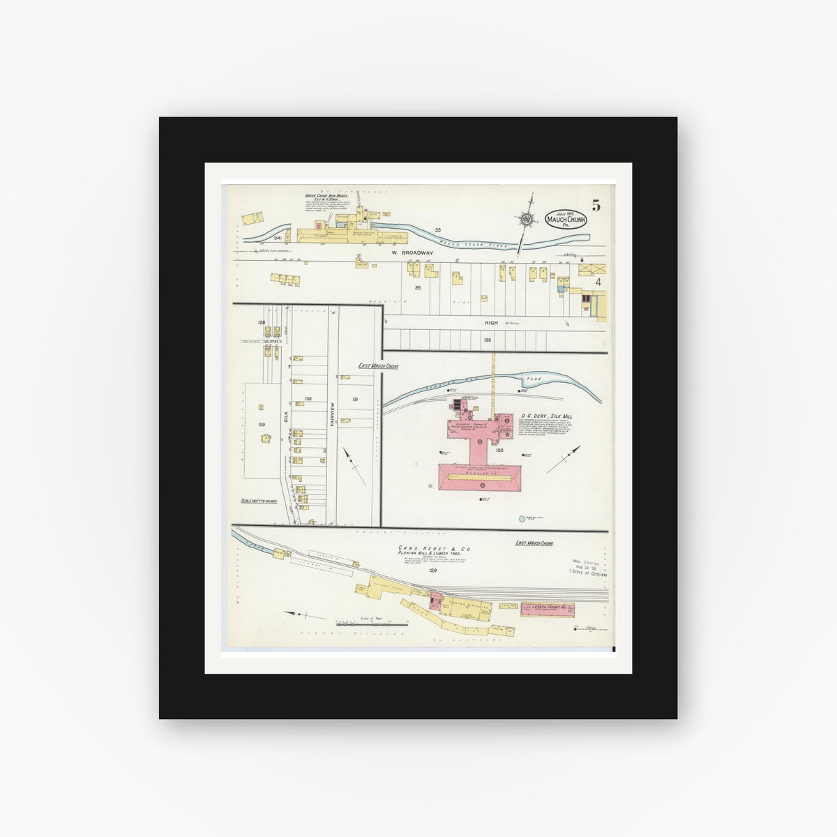 Old map wall art mockup — black gallery frame with white mat — Sanborn Fire Insurance Map from Mauch Chunk, Carbon County, Pennsylvania (1915), Sheet #0005
