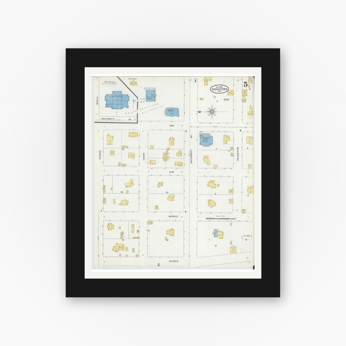 Old map wall art mockup — black gallery frame with white mat — Sanborn Fire Insurance Map from Georgetown, Williamson County, Texas (1905), Sheet #0005